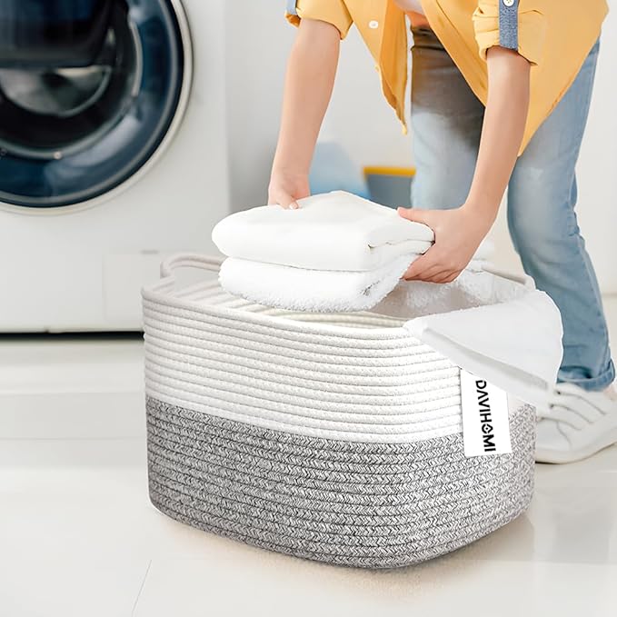 Small Woven Cotton Rope Basket for Organizing, Gift Baskets for Handles, Empty Gift Baskets, Toy Basket for bins|13.5" x 11" x 9.5" home decor for Living Room, Bathroom（White Grey）