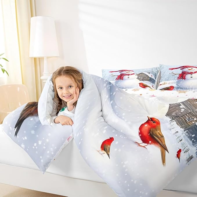 Feelyou Merry Christmas Comforter Set All Season Cute Snowman Bedding Set with 2 Pillow Cases Snowflake Microfiber Kids Full Bedclothes Winter Bedroom Decor Duvet Quilt Breathable Soft Lightweight