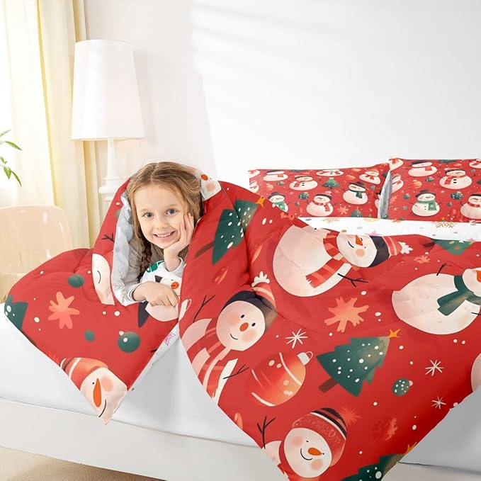 Feelyou Christmas Comforter Set Queen Size Snowman Bedding Set for Kids Boys Girls Snowflake Duvet Quilt New Year Theme Bedroom Decor Microfiber 3 Pcs with 2 Pillow Cases