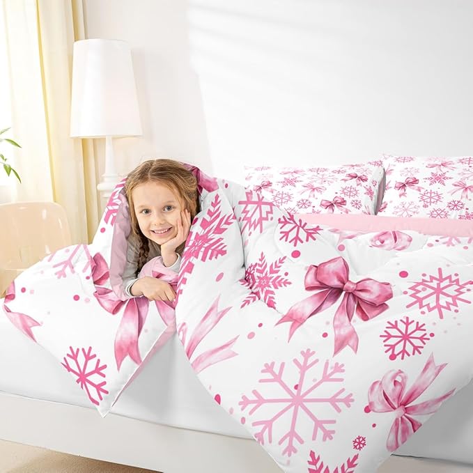 Cute Bow Tie Comforter Set King Size,Girly Bowknot Snowflake Dots Kids Bedding Set,Merry Christmas Winter Princess Quilt Comforter,Pink White Duvet Insert,2 Pillowcases