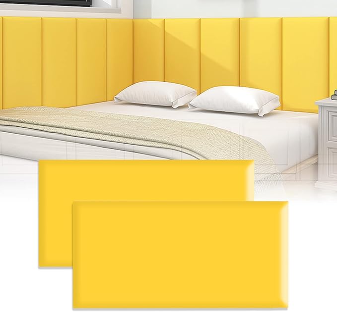 3D Anti-Collision Wall Padding for Kids, Peel and Stick Upholstered Wall Panels, Queen Headboard, Playroom Decorative Protection Panel, Pack of 2 Panels Sized 23.6” X 11.8” (Yellow)