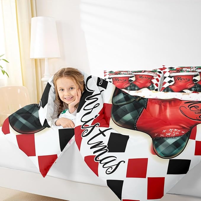 Feelyou Merry Christmas Comforter Set Full Size Cartoon Shoes Bedding Set for Kids Boys Girls Duvet Quilt Winter Bedroom Decor Microfiber 3 Pcs with 2 Pillow Cases