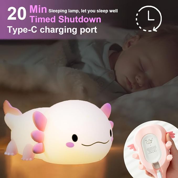 Night Light for Kids Bedroom, Animal Silicone Nursery Night Lamp Touch Nightlights USB Rechargeable Bedside Lamp for Baby Children Toddlers Girls Gift (Pink Axolotl +1)
