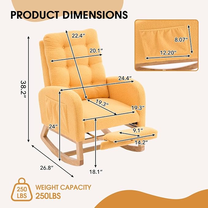 NIOIIKIT Nursery Rocking Chair, Linen Upholstered Glider Chair with Footrest, Tufted Rocker Recliner with Side Pocket, Comfy Recliner Glider, Accent Chair for Living Room (Yellow Teddy)