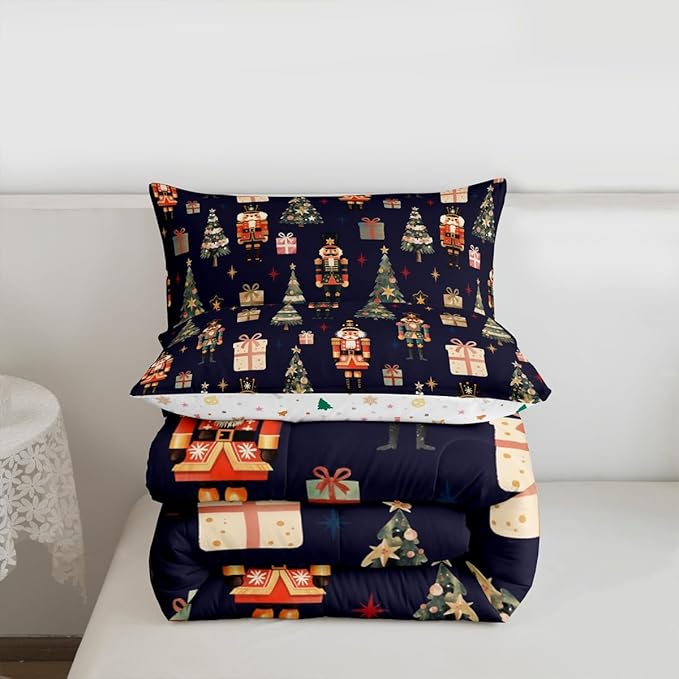 jejeloiu Xmas Nutcracker Comforter Set Queen Size Christmas Dark Blue Bedding Set for Kids Boys Girls Cute Snowflakes Duvet Quilt Bedroom Decor