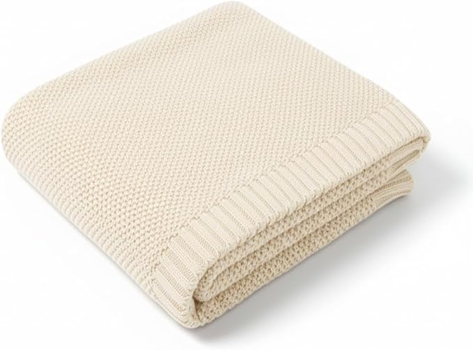 Baby Knit Blanket Soft Cotton Lightweight Newborn Blanket for Crib Stroller Toddler Nursery Shower Gift Cozy Breathable Travel Swaddle Wrap Cream 36 x 28 Inches