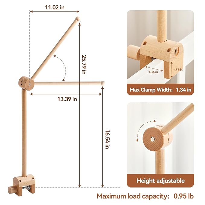 HI BABY MONMENT Crib Mobile Arm - Rotating Baby Mobile Hanger, Natural Beech Wood, Mobile Stand for Crib Nursery Decor, Perfect for Baby Girl or Boys