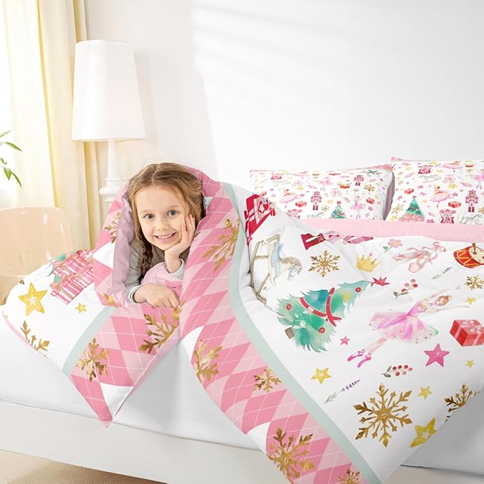 Feelyou Pink Christmas Kids Comforter Set Full Size Ballet Nutcracker Bedding Set Snowflake Duvet Quilt for Kids Boys Girls Bedroom Decor Microfiber Ultra Soft Breathable