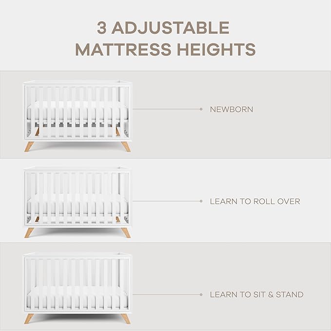 Comfy Cubs Baby Crib for 0 to 3 Years - Adjustable Mattress Height, Natural Wooden Crib for Baby, Elegant Nursery Furniture - 80 lbs Capacity Nursery Bed - White Bars and Frame with Natural Wood Leg