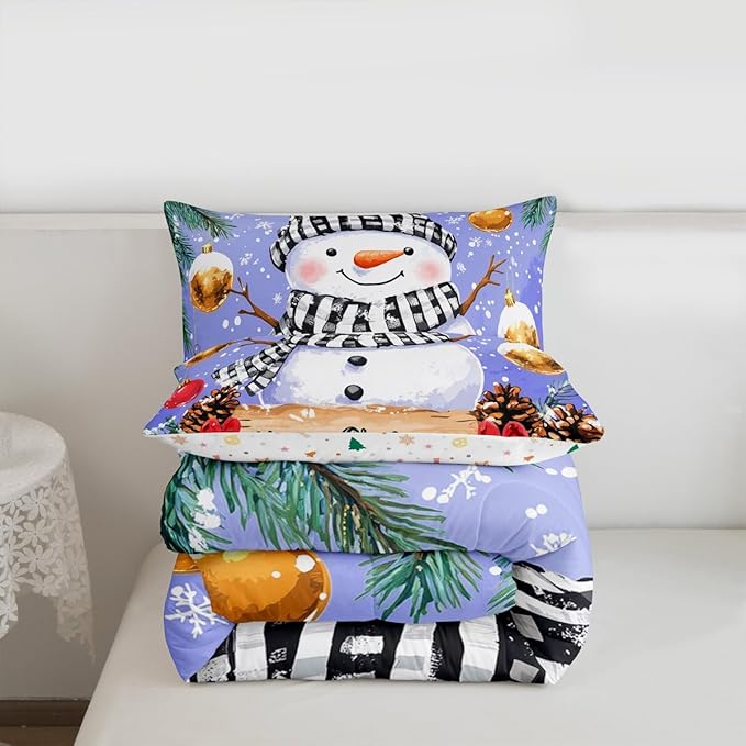 Feelyou Merry Christmas Comforter Set All Season Cute Snowman Bedding Set with 2 Pillow Cases Snowflake Microfiber Kids King Bedclothes Winter Bedroom Decor Duvet Quilt Breathable Soft Lightweight