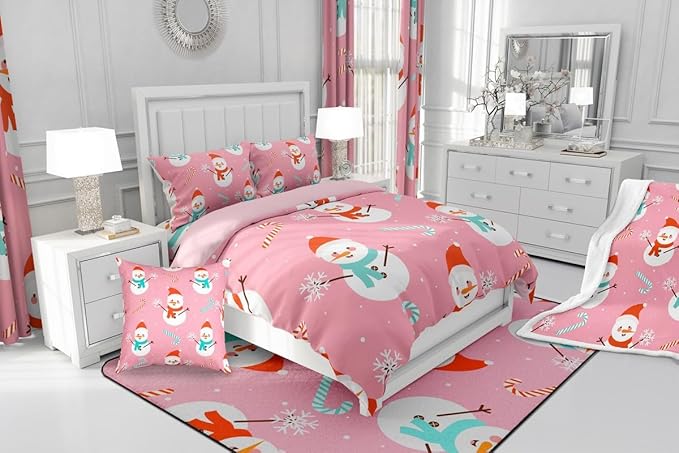 Feelyou Pink Christmas Bedding Set Soft for Boys Girls, Snowman Comforter Set King Size Snowflake Duvet Quilt Microfiber Candy Cane Bedroom Decor 3 Pcs with 2 Pillow Cases