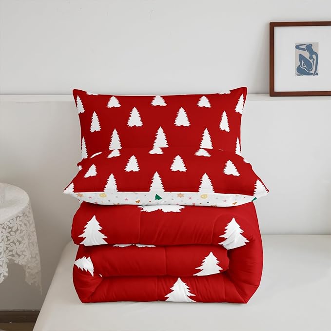 Feelyou Red Christmas Trees Bedding Set for Kids Boys Girls Toddler Size Xmas Comforter Set Ultra Soft Winter Comforter Holiday Decor Duvet Quilt Bedroom Decor Christmas Ornaments Quilt