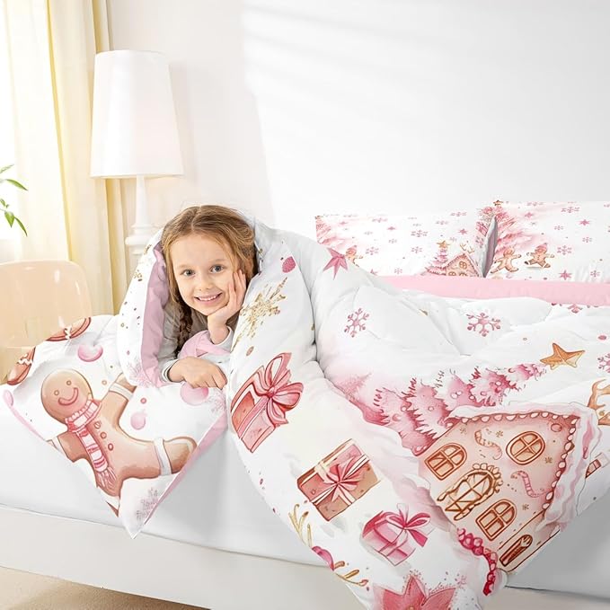 jejeloiu Kids Christmas Theme Comforter Set Toddler Pink Xmas Gingerbread Man Bedding Set for Boys Girls Teens Candy House Snowflake Winter Happy New Year Duvet Quilt Room Decor