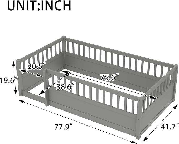 Bellemave Twin Size Floor Bed with high Rails for Kids, Girls, Boys, Wood Montessori Floor Bed Without Door, Gray