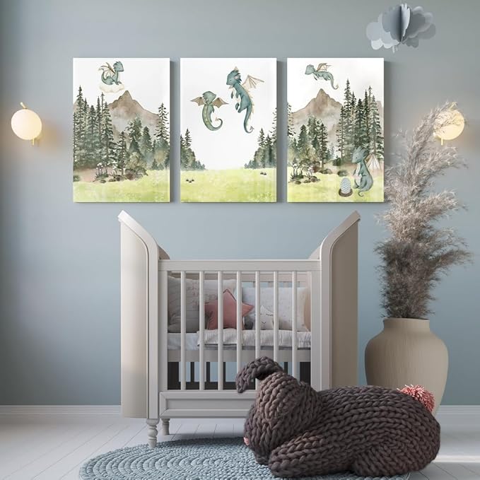 Green Baby Dragon Nursery Wall Decor, Dragon Egg Nursery Print for Baby Boy's Bedroom, Woodland Forest Mountain Wall Art, Nature Animal Art for Kids Room Decor, Framed Set of 3 Canvas, 12"x16"x3