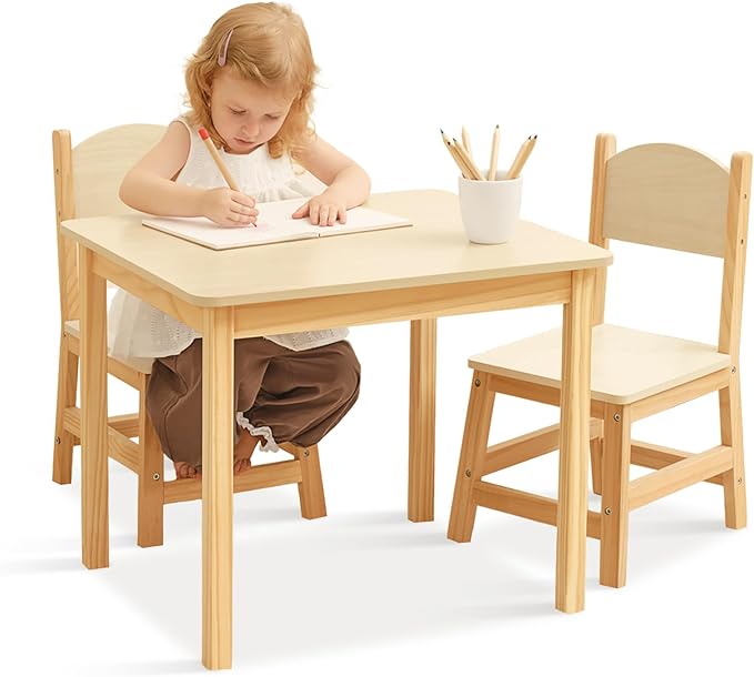 Wood Kids Table and Chairs Set, Waterproof Desktop, Easy to Clean, Smooth Edge, Ideal Toddler Table Chairs Set for Eating, Snack Time and Play Games