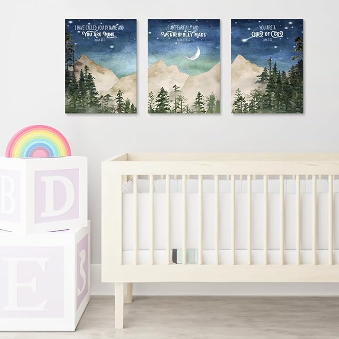Nursery Scripture Wall Art, Set of 3 Nursery Bible Verse Wall Decor, Star Night Mountain Forest Wall Art, Nature Woodland Decor Canvas Prints, Inspirational Christian Kids Art, Framed 12"x16"