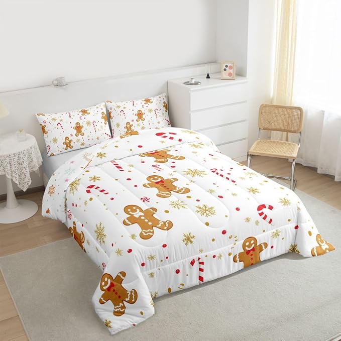 Feelyou Cute Gingerbread Man Comforter Set Queen Size Candy Cane Bedding Set for Kids Boys Girls Golden Snowflake Duvet Quilt Christmas Pattern Bedroom Decor Festive Design 3 Pcs with 2 Pillow Cases