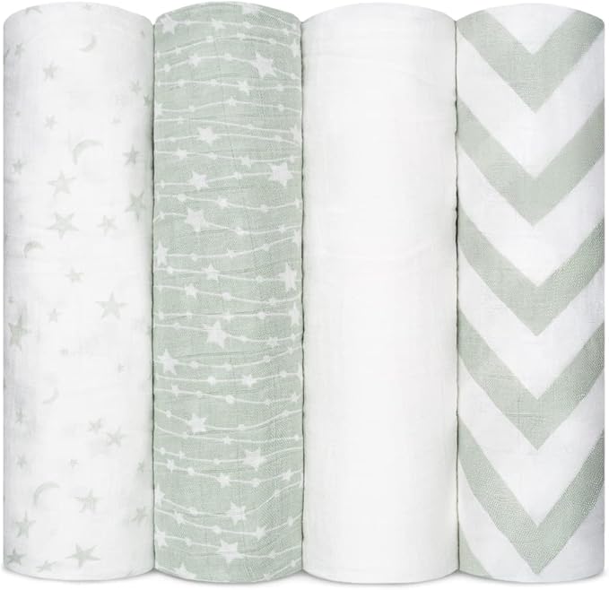 Comfy Cubs Muslin Swaddle Blankets Pack of 4, 47 x 47 Inches, Soft Cotton Baby Blanket Set, Large Multipurpose Swaddling Wraps for Newborns - Self-Soothing Swaddle - Green