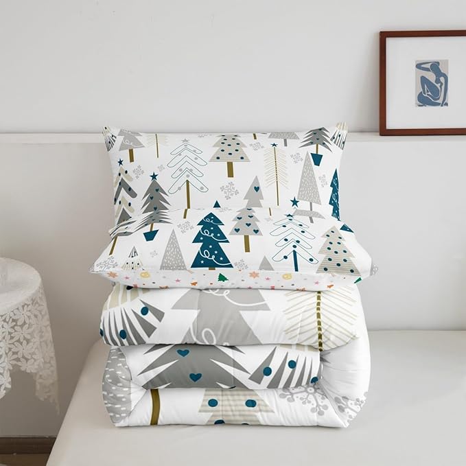 Xmas Trees Comforter Set Queen Size,Merry Christmas Pine Hand Drawn Bedding Set for Women Adult,Blue Plant Snowflakes Winter Luxury Bed Duvet Insert, 2 Pillowcases