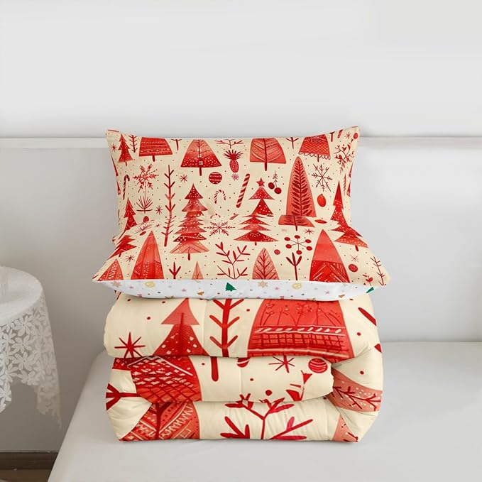 Feelyou Christmas Bedding Set Soft for Boys Girls, Xmas Tree Comforter Set Toddler Size Snowflake Candy Duvet Quilt Microfiber Pine Tree Bedroom Decor 2 Pcs with 1 Pillow Cases