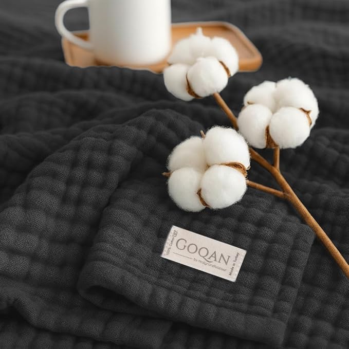 Goqan Throw Blanket 55x60 – 100% Cotton 4 Layer Boho Muslin Blanket for Adults, Lightweight, Soft, Breathable for Bed, Couch - Dark Grey