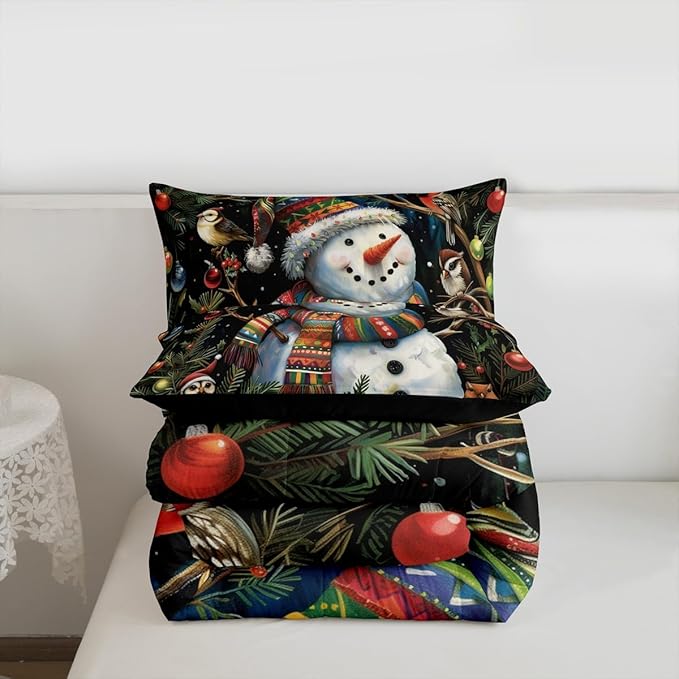 Feelyou Christmas Bedding Set Soft for Boys Girls, Holiday Snowman Birds Comforter Set King Size Xmas Owl Branch Berry Duvet Quilt Microfiber Snowflake Bedroom Decor 3 Pcs with 2 Pillow Cases