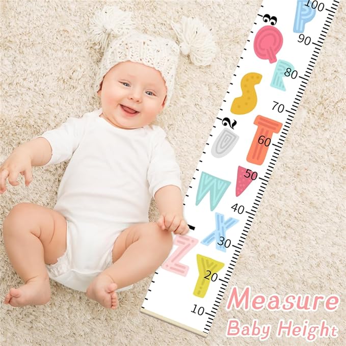 Personalized Growth Chart for Kids, Baby Height Chart with Custom Name, 77"x7.9" Canvas and Black Wood Height Measuring Rulers for Boys Girls Removable Wall Ruler Hanging for Nursery Decor - Alphabet
