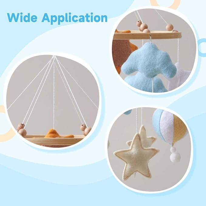Soft Crib Mobile, Sun Hot Air Balloon Design with Felt Decorations, Ideal for Baby Nursery with Cloud and Star Hanging Toys