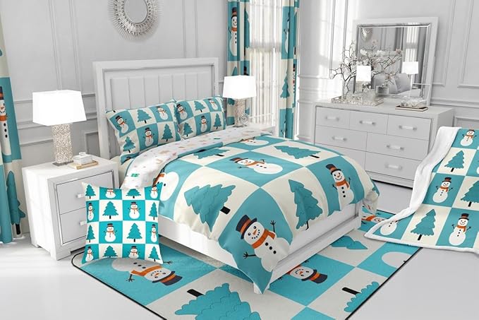 Feelyou Merry Christmas Comforter Set All Season Snowman Bedding Set with 2 Pillow Cases Xmas Tree Microfiber Kids Full Bedclothes Bedroom Decor Duvet Quilt Breathable Soft Lightweight