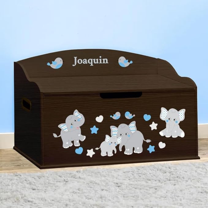 DIBSIES Personalized Creative Wonders Toy Box, Blue Elephants, 30 x 19.25 x 18 inches, Soft-Close Lid (Espresso)