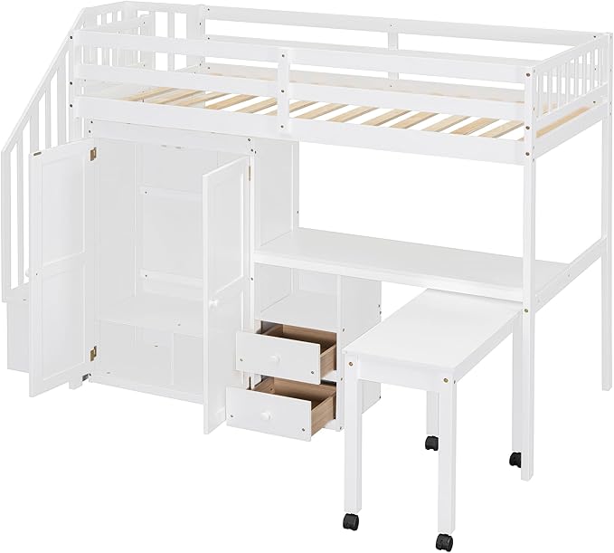 Merax Kids Twin Multifunction Loft Bed with Desk/Wardrobe, Wood Storage Loft Bed with Staircase, Bookshelf & Drawers, No Box Spring Needed, Space Saving, White