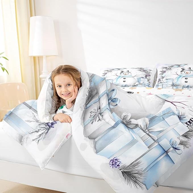 Feelyou Merry Christmas Kids Comforter Set Full Size Cute Snowman Bedding Set Duvet Quilt for Kids Boys Girls Bedroom Snowflake Decor Microfiber Ultra Soft Breathable