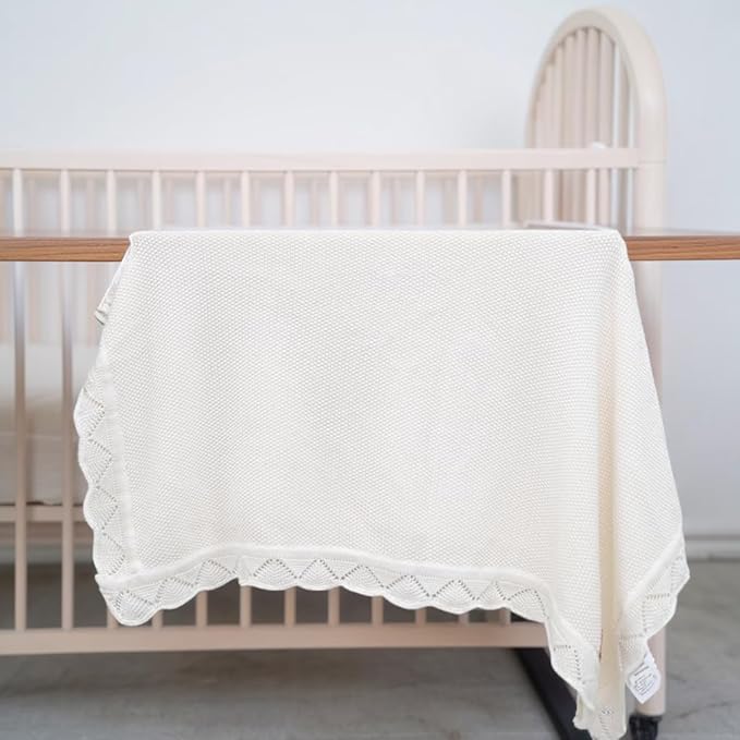 Baby Knit Blanket Soft Breathable Cotton Scallop Border Blankets Newborn Knitted Blanket Swaddle Blankets Gifts for Baby Newborn Toddler Shower Boy Girl New Mom Birthday Christmas White 30x40