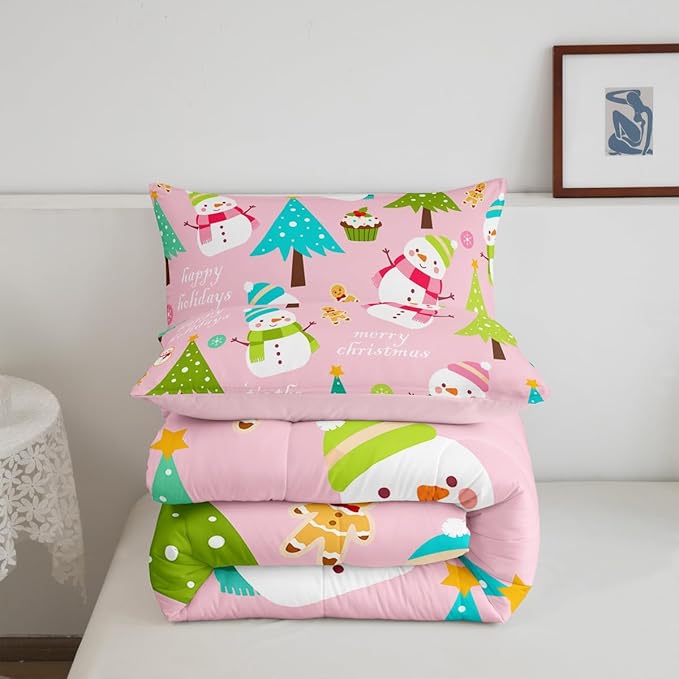 Erosebridal Merry Christmas Comforter Set for Kids,Pink Xmas Decor Bedding Set Queen Size,Cartoon Snowman Quilts Christmas Tree Down Comforter for Girls Boys Teens Bedroom Decor