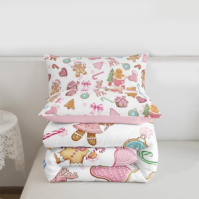 Cute Bow Tie Comforter Set Full Size,Pine Tree Merry Christmas Elk Deer Kids Bedding Set,Bowknot Gingerbread Man Snowflake Quilt Comforter,Pink White Colorful Duvet Insert,2 Pillowcases