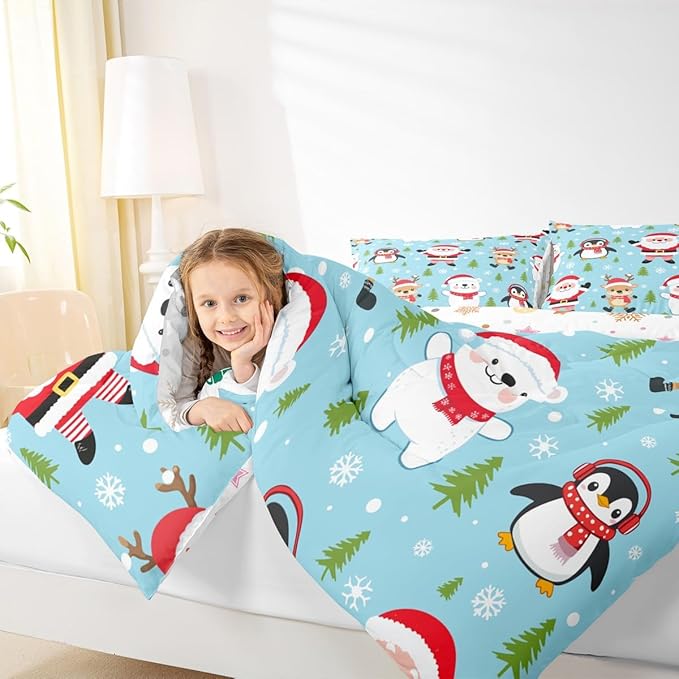Feelyou Christmas Comforter Set King Size Santa Claus Bedding Set for Kids Boys Girls Penguin Deer Duvet Quilt Xmas Snowflake Tree Bedroom Decor Microfiber 3 Pcs with 2 Pillow Cases