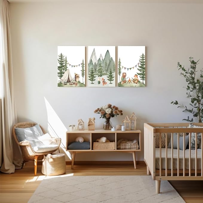 Camping Nursery Wall Art, Woodland Hiking Nursery Wall Decor, Bear Fox Animals Forest Mountain Wall Art, Nature Kid Print for Baby Boy Girl Bedroom, Children's Room Decor, Framed Canvas, 16"x24"x3