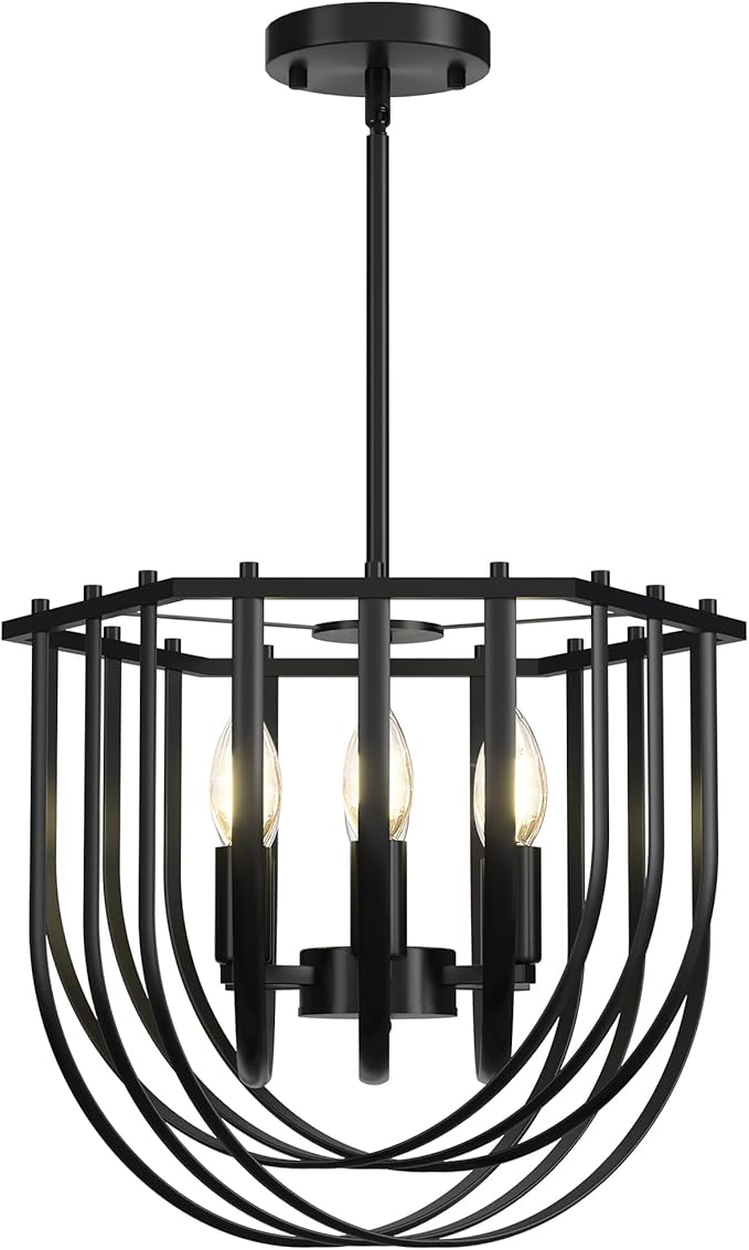 WJShome 6-Light Modern Farmhouse Chandelier, Black Dining Room Light Fixture, Hanging Pendant Lights Kitchen Island, Foyer Lighting Fixtures with Metal Frame, for Living Room, Bedroom, Entryway
