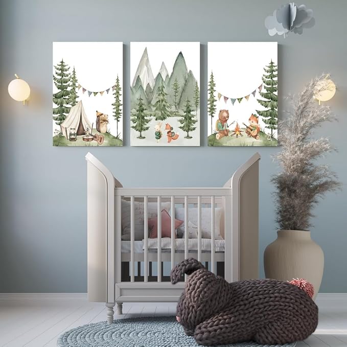 Camping Nursery Wall Art, Woodland Hiking Nursery Wall Decor, Bear Fox Animals Forest Mountain Wall Art, Nature Kid Print for Baby Boy Girl Bedroom, Children's Room Decor, Framed Canvas, 12"x16"x3