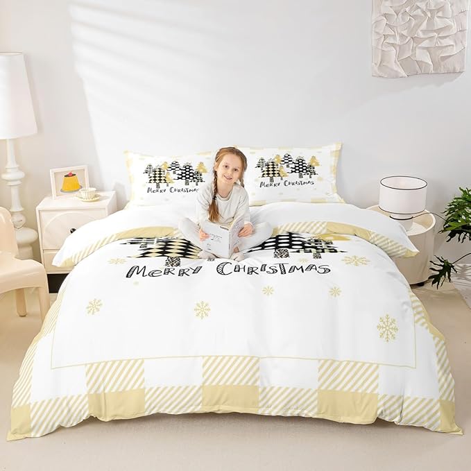 Manfei Xmas Tree Duvet Cover Set Queen Size, Yellow Plaid Grid Snowflake Comforter Cover with 2 Pillowcases, Christmas Theme Bedding Set for Kids Girls Adults New Year Bedspread Cover, No Comforter