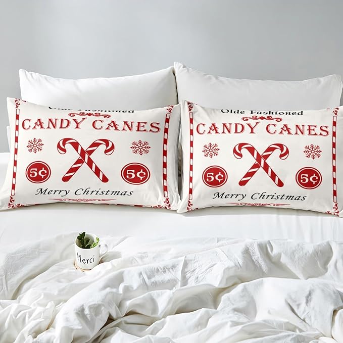 jejeloiu Christmas Bedding Set for Kids Boys Girls Christmas Quote Comforter Cover Set Queen Size Candy Canes Print Duvet Cover Bedroom Decor Xmas White Bedspread Cover Bedding Collection 3Pcs
