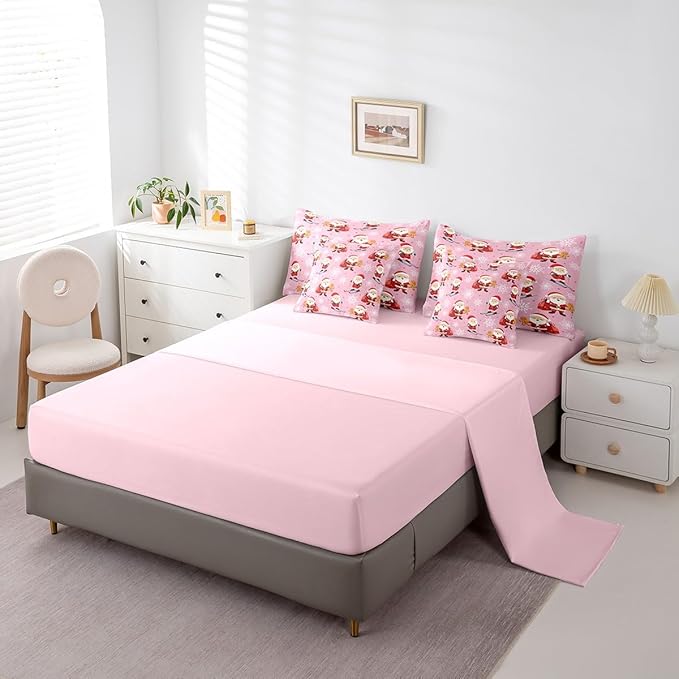 Erosebridal 7Pcs Cute Santa Claus Comforter Set Twin Size,Xmas Gingerbread Bedding Set for Kids Boys Girls,Christmas Snowboard Snowflake Bed in A Bag,Pink Christmas Quilt with Flat Fitted Sheet