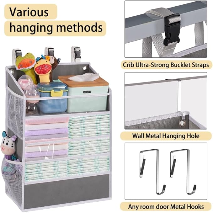 WishJazz XL Hanging Diaper Caddy Organizer for Changing Table, Crib, Playard, Wall & Door, Reinforced Diaper Stacker and Nursery Organizer-Hold 90+Diaper for Newborn Baby Essentials