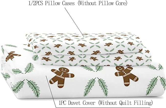 LUVIVIHOME 2PCS Gingerbread Man Duvet Cover Twin Bedding Sets, White Duvet Cover, Teens Boys Girls Kids Bedding, Green Plant Pine Picks Leaves Winter Holiday Christmas Comforter Cover, 1 Pillow Sham