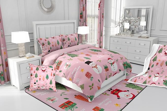 Feelyou Pink Christmas Comforter Set Toddler Size Snowman Bedding Set for Kids Boys Girls Xmas Tree Duvet Quilt Bedroom Decor Microfiber 2 Pcs with 1 Pillow Cases