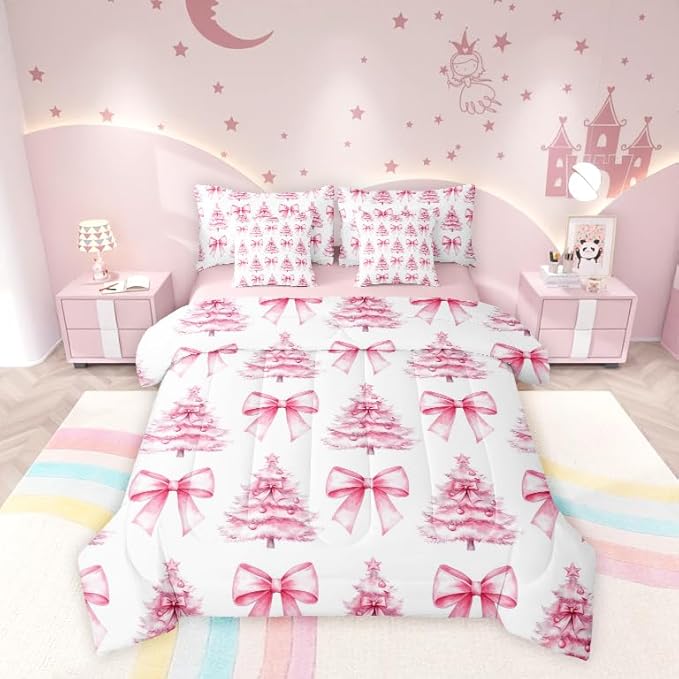 Manfei 7 Pieces Pink Bowknot Kids Comforter Queen,Christmas Trees Pine Bow Tie Toddler Bedding Set,Merry Christmas Happy New Year Xmas（Comforter+Fitted+Flat Sheet+2 Pillowcases+2 Throw Pillow Covers）