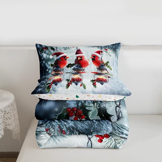 Feelyou Merry Christmas Comforter Set All Season Robin Bird Bedding Set with 1 Pillow Cases Snowflake Microfiber Kids Toddler Bedclothes Winter Bedroom Decor Duvet Quilt Breathable Soft Lightweight