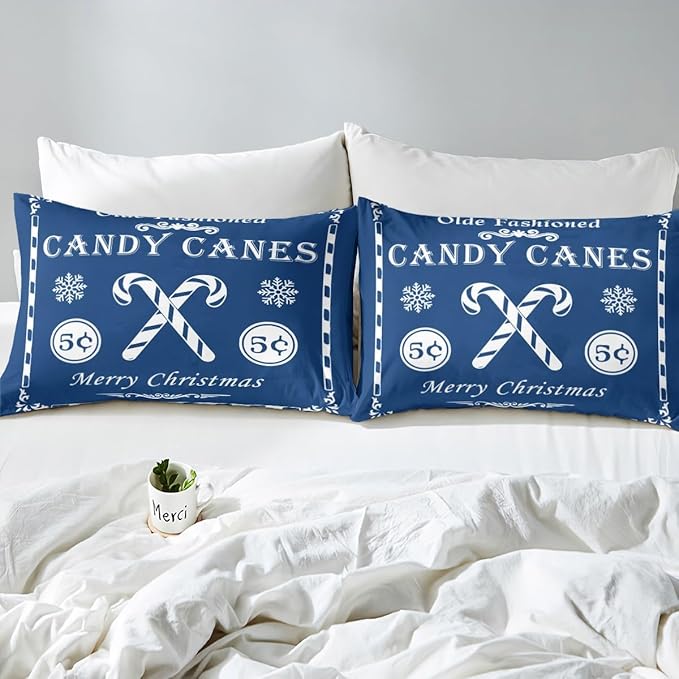 jejeloiu Christmas Bedding Set Full Size Kids Christmas Quote Comforter Cover Set for Boys Girls Teens Candy Canes Print Duvet Cover Xmas Bedspread Cover Room Decorations Blue Quilt Cover