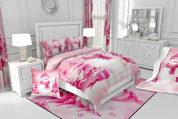 Feelyou Pink Christmas Comforter Set King Size Snowman Bedding Set for Kids Boys Girls Cute Snowflake Duvet Quilt Merry Christmas Tree and Snowman Bedroom Decor 3 Pcs with 2 Pillow Cases